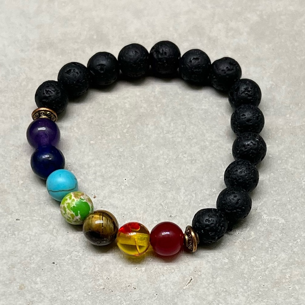 Unisex 7 Chakra Healing Crystal and Lava Rocks Stretchable Bracelet